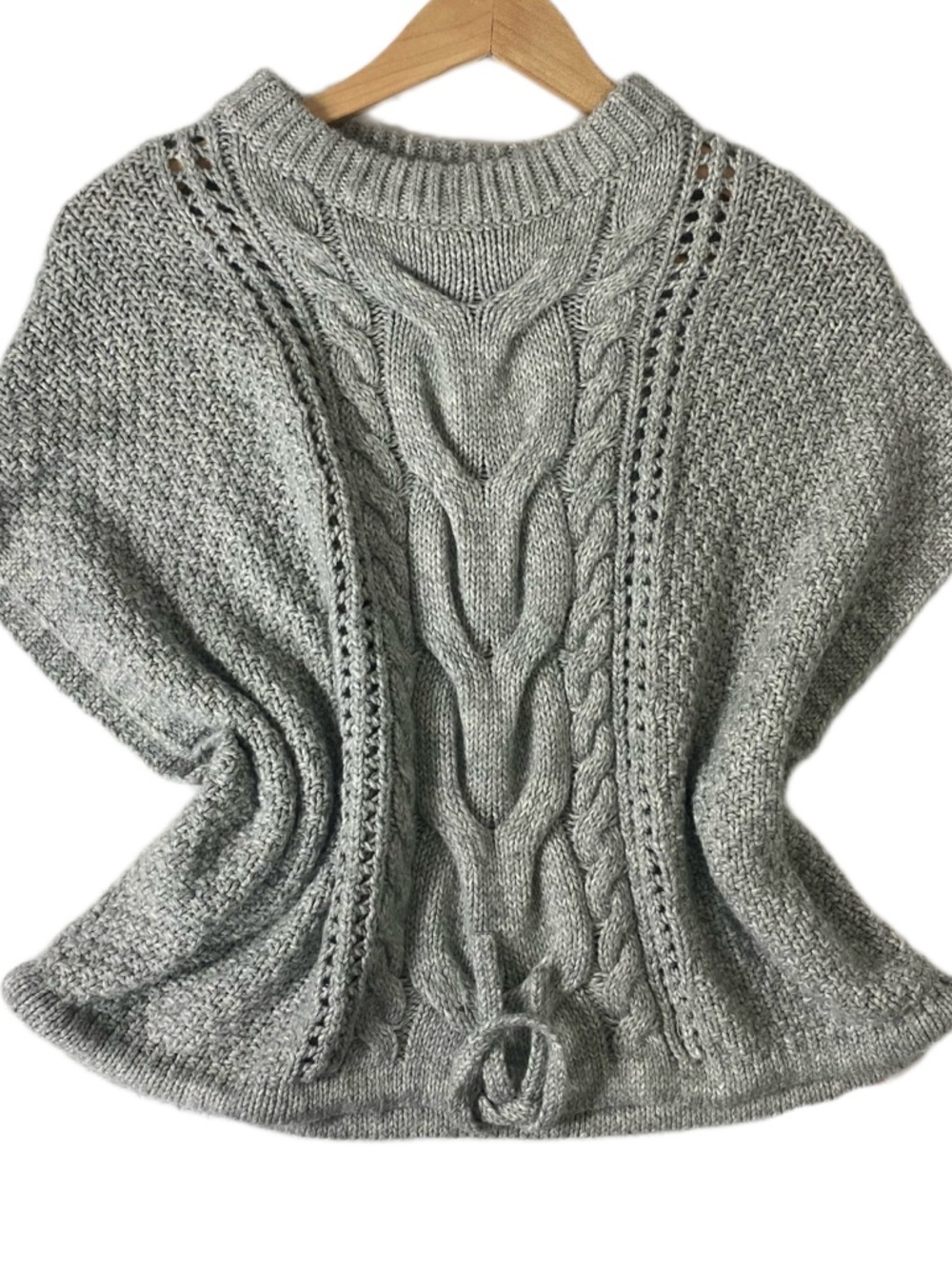 Chunky Cable Knit Poncho Gray Cozy Boho Oversized Vest Sweater Drawstring Hem